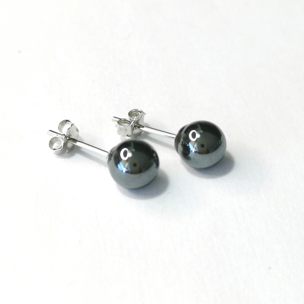 6mm Hematite Grey Ball Bead Earrings On Sterling Silver Post